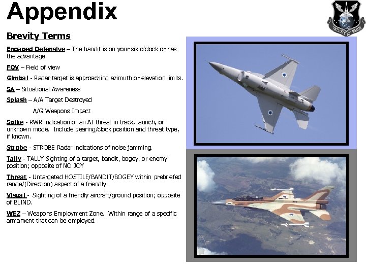 Appendix Brevity Terms Engaged Defensive – The bandit is on your six o’clock or