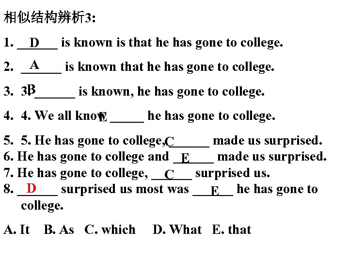 相似结构辨析 3: 1. ______ is known is that he has gone to college. D