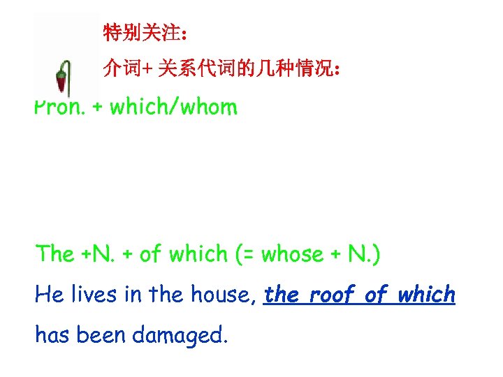 特别关注: 介词+ 关系代词的几种情况: Pron. + which/whom He visited the place in which he was