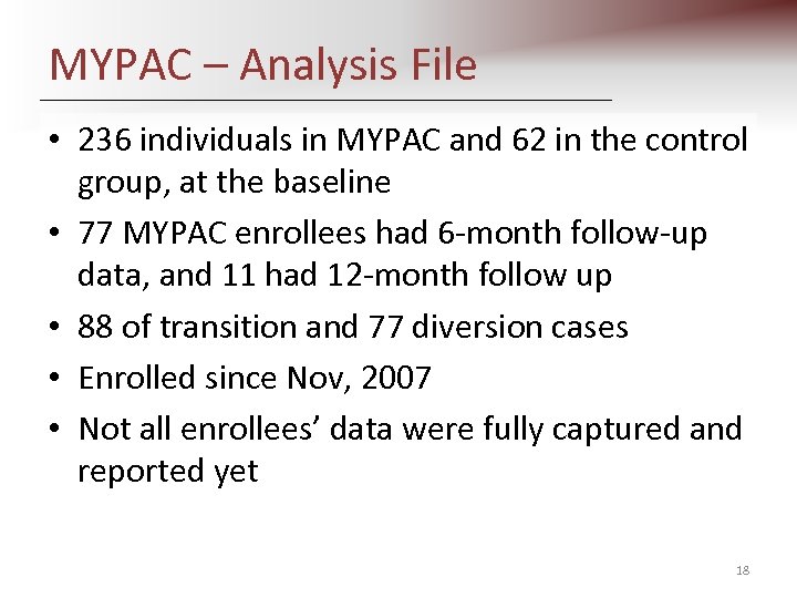 MYPAC – Analysis File • 236 individuals in MYPAC and 62 in the control