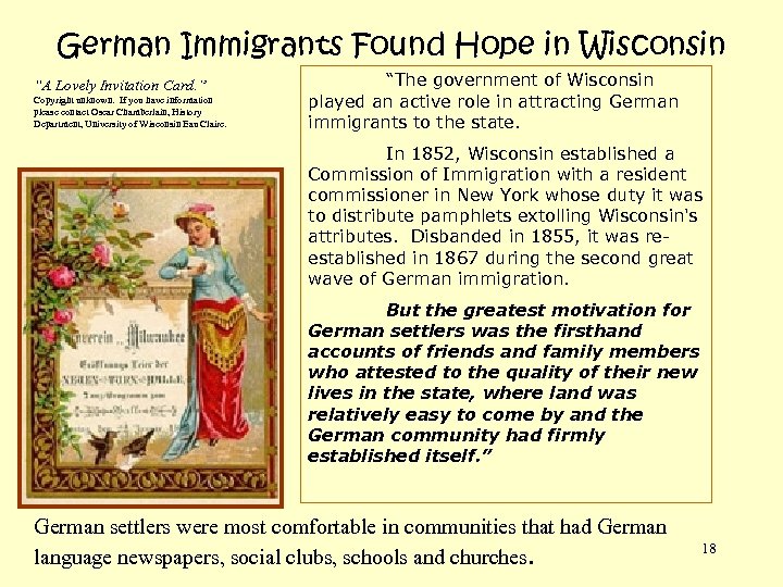 German Immigrants Found Hope in Wisconsin “A Lovely Invitation Card. ” Copyright unknown. If