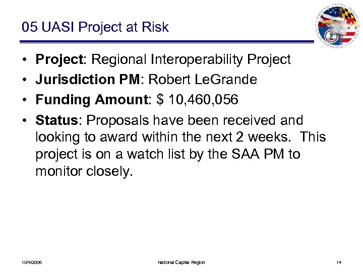 05 UASI Project at Risk • • Project: Regional Interoperability Project Jurisdiction PM: Robert