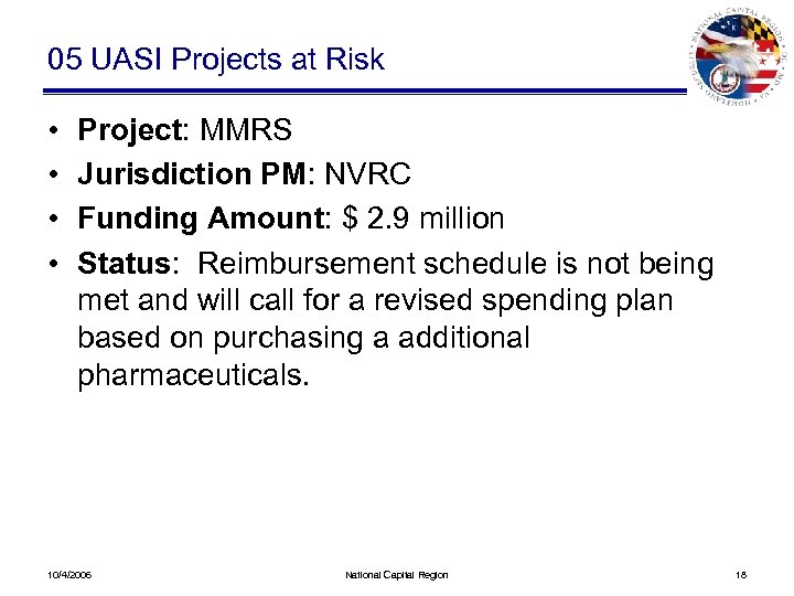 05 UASI Projects at Risk • • Project: MMRS Jurisdiction PM: NVRC Funding Amount: