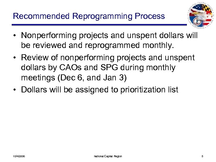 Recommended Reprogramming Process • Nonperforming projects and unspent dollars will be reviewed and reprogrammed