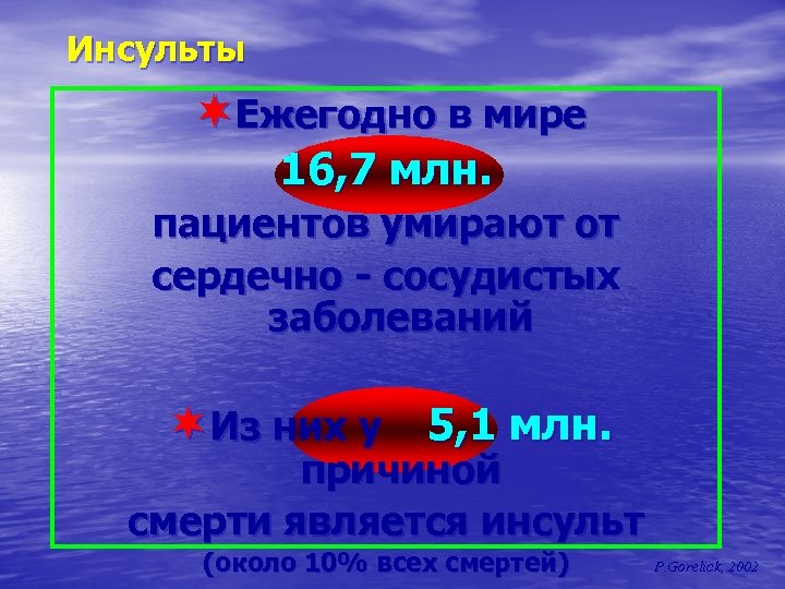 Инсульты ¬Ежегодно в мире 16, 7 млн. пациентов умирают от сердечно - сосудистых заболеваний