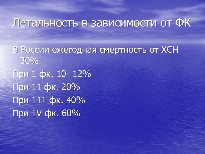 Летальность в зависимости от ФК В России ежегодная смертность от ХСН 30% При 1