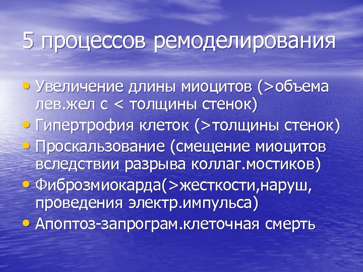 5 процессов ремоделирования • Увеличение длины миоцитов (>объема лев. жел с < толщины стенок)