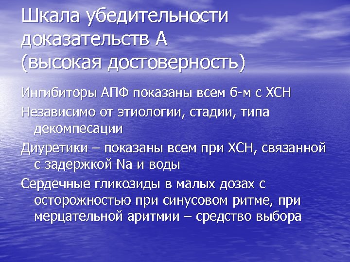 Шкала убедительности доказательств А (высокая достоверность) Ингибиторы АПФ показаны всем б-м с ХСН Независимо