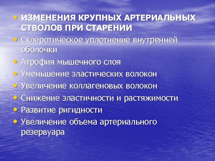  • ИЗМЕНЕНИЯ КРУПНЫХ АРТЕРИАЛЬНЫХ • • СТВОЛОВ ПРИ СТАРЕНИИ Склеротическое уплотнение внутренней оболочки