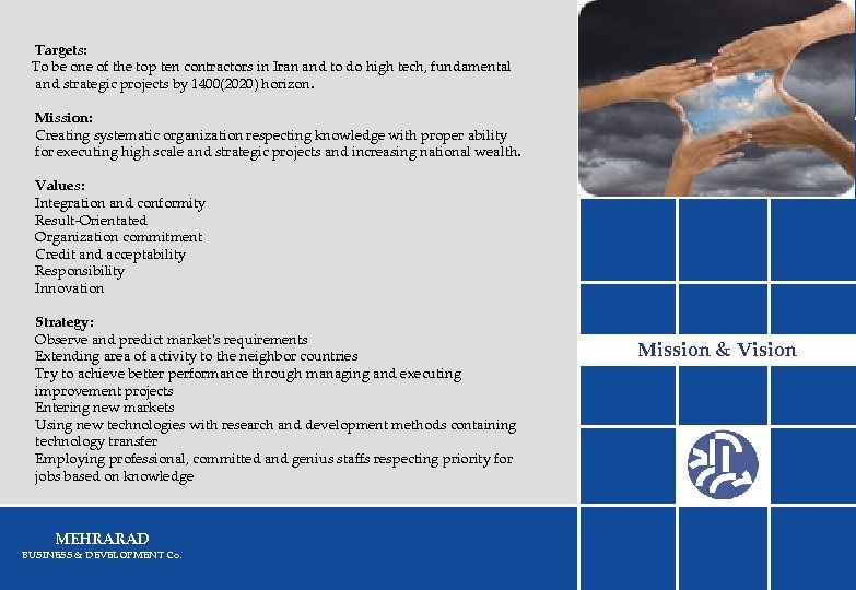 Targets: To be one of the top ten contractors in Iran and to do