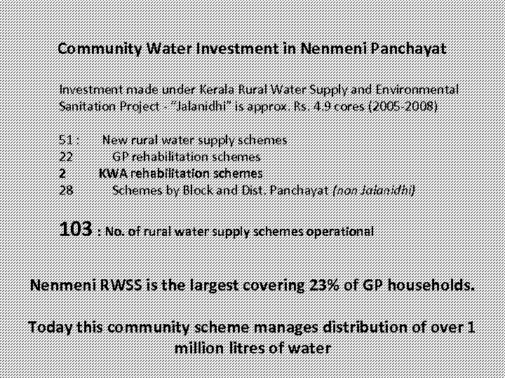 Community Water Investment in Nenmeni Panchayat Investment made under Kerala Rural Water Supply and