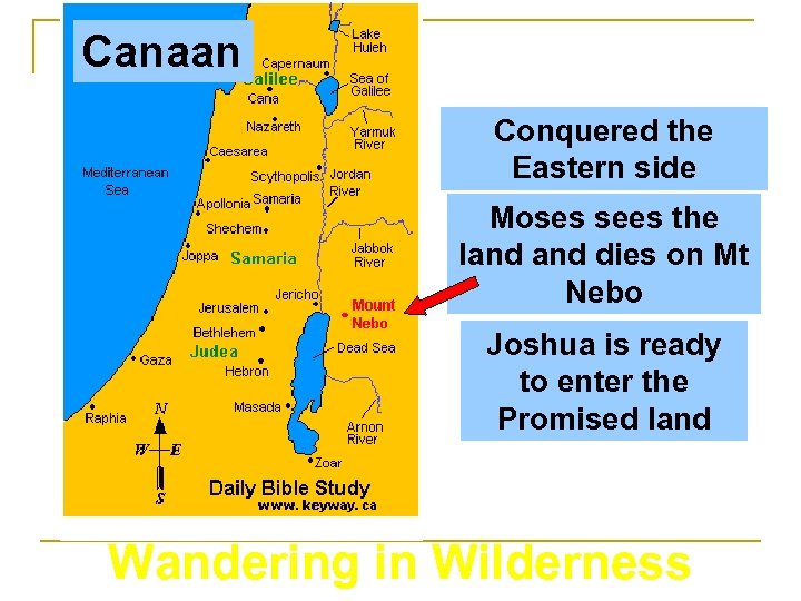 Canaan Conquered the Eastern side Moses sees the land dies on Mt Nebo Joshua