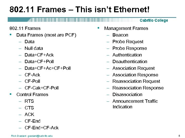 802. 11 Frames – This isn’t Ethernet! 802. 11 Frames • Data Frames (most