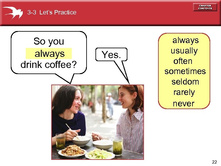 3 -3 Let’s Practice So you always drink coffee? Yes. always usually often sometimes