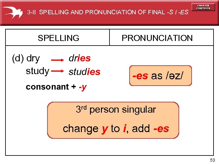 3 -8 SPELLING AND PRONUNCIATION OF FINAL -S I -ES SPELLING (d) dry study