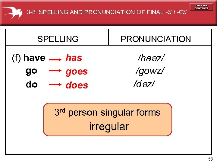 3 -8 SPELLING AND PRONUNCIATION OF FINAL -S I -ES SPELLING has goes does