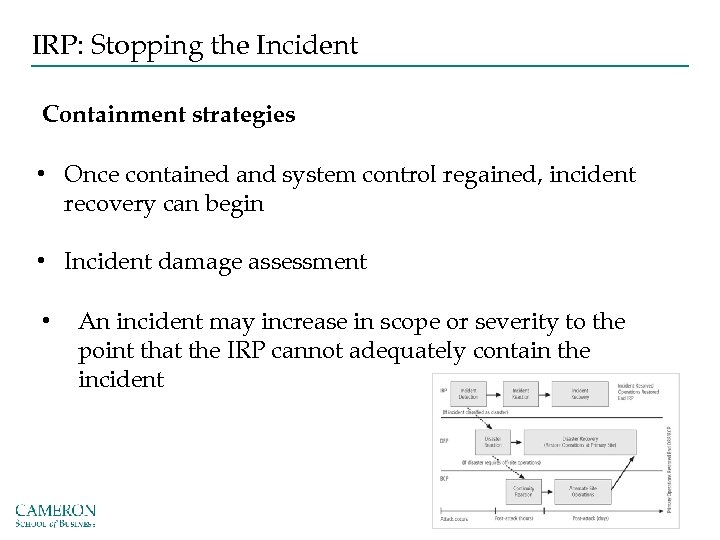 IRP: Stopping the Incident Containment strategies • Once contained and system control regained, incident