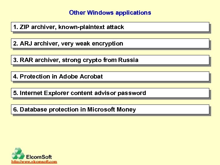 Other Windows applications 1. ZIP archiver, known-plaintext attack 2. ARJ archiver, very weak encryption