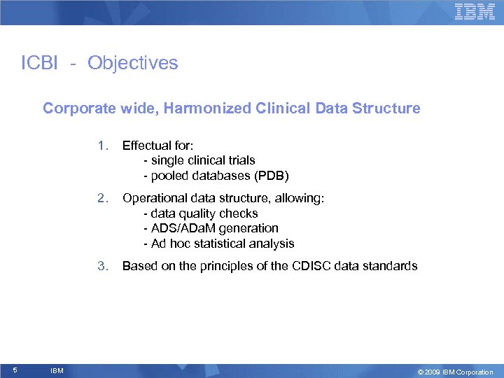 ICBI - Objectives Corporate wide, Harmonized Clinical Data Structure 1. 2. IBM Operational data