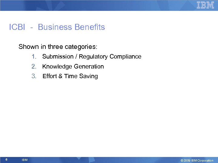 ICBI - Business Benefits Shown in three categories: 1. Submission / Regulatory Compliance 2.