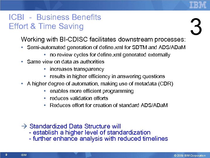 ICBI - Business Benefits Effort & Time Saving Working with BI-CDISC facilitates downstream processes:
