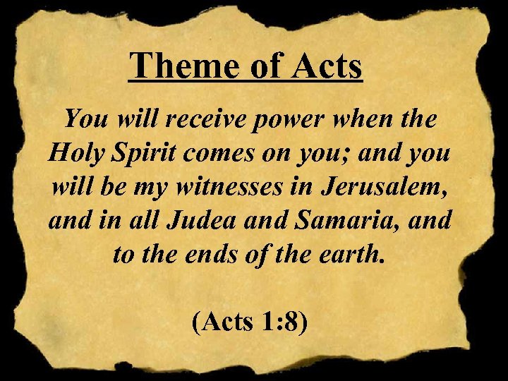 Theme of Acts You will receive power when the Holy Spirit comes on you;