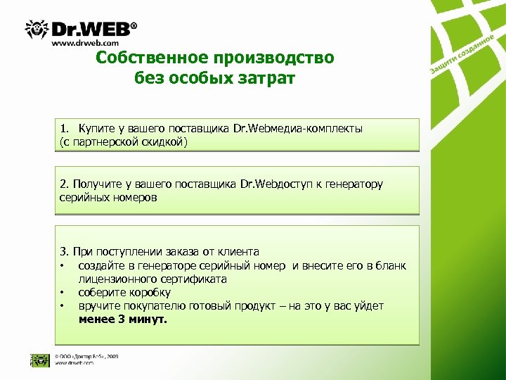 Собственное производство без особых затрат 1. Купите у вашего поставщика Dr. Webмедиа-комплекты (с партнерской