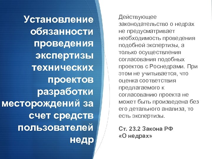 Установление обязанности проведения экспертизы технических проектов разработки месторождений за счет средств пользователей недр Действующее