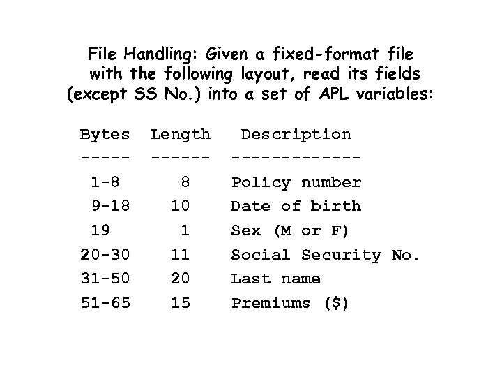 File Handling: Given a fixed-format file with the following layout, read its fields (except