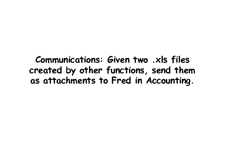 Communications: Given two. xls files created by other functions, send them as attachments to