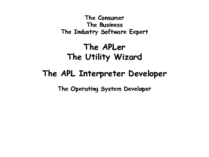 The Consumer The Business The Industry Software Expert The APLer The Utility Wizard The