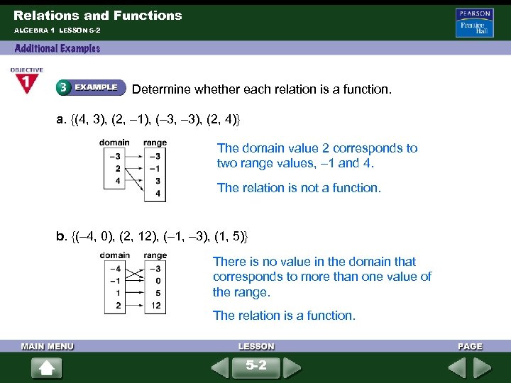 Relations and Functions ALGEBRA 1 LESSON 5 -2 Determine whether each relation is a
