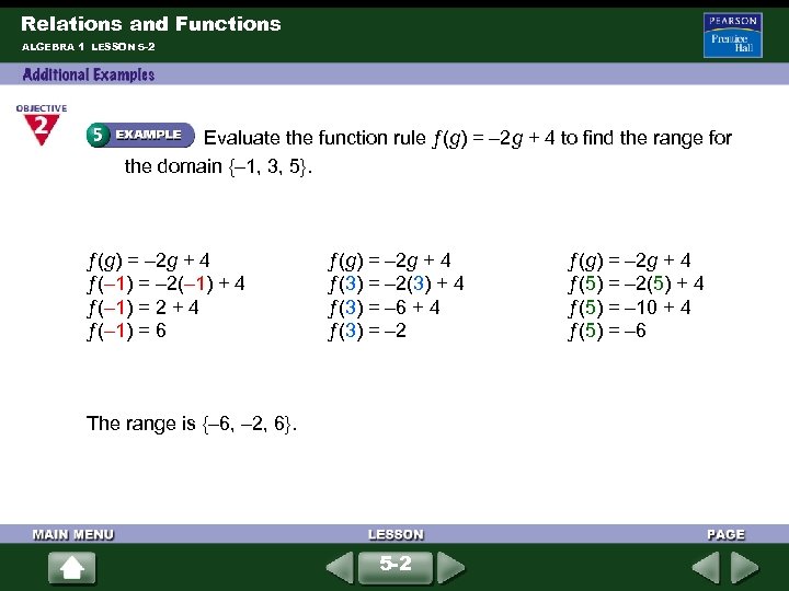 Relations and Functions ALGEBRA 1 LESSON 5 -2 Evaluate the function rule ƒ(g) =