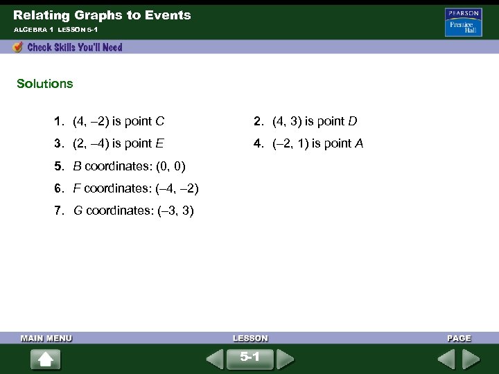 Relating Graphs to Events ALGEBRA 1 LESSON 5 -1 Solutions 1. (4, – 2)