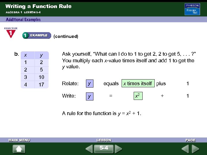 Writing a Function Rule ALGEBRA 1 LESSON 5 -4 (continued) b. x 1 2