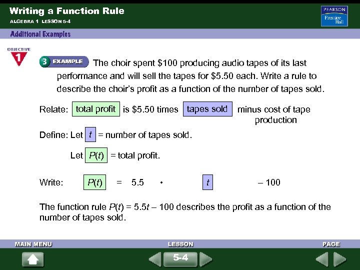Writing a Function Rule ALGEBRA 1 LESSON 5 -4 The choir spent $100 producing
