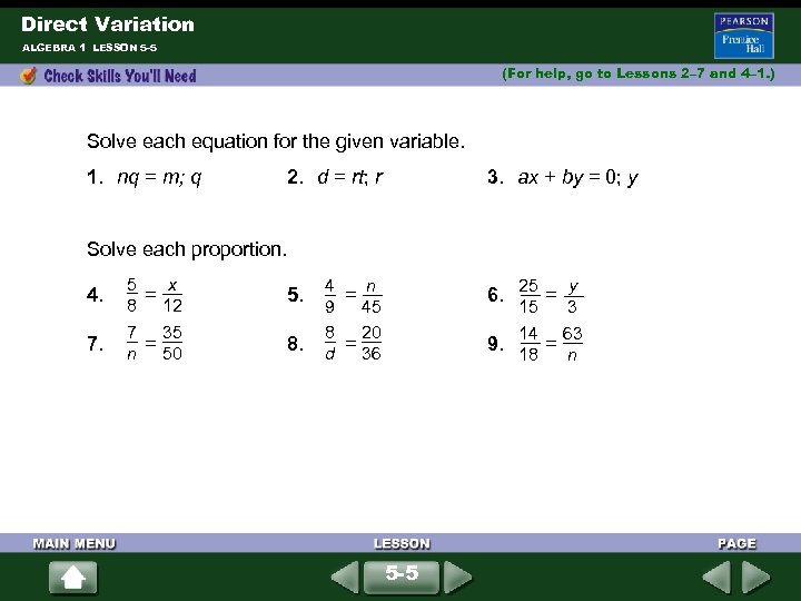 Direct Variation ALGEBRA 1 LESSON 5 -5 (For help, go to Lessons 2– 7
