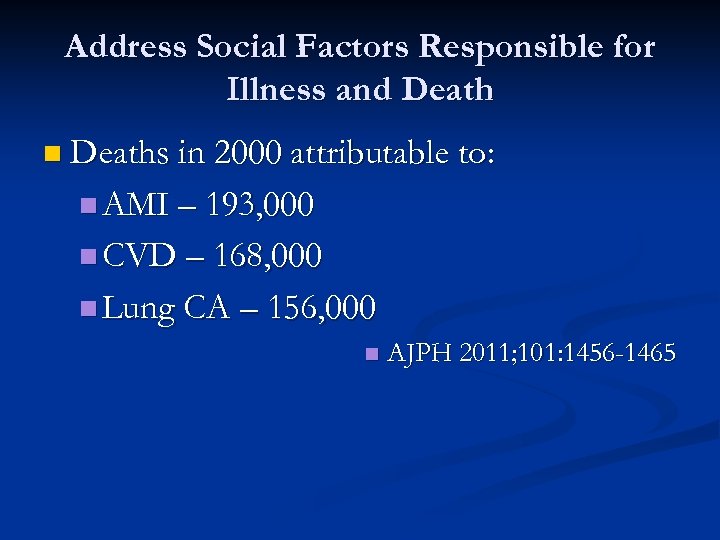 Address Social Factors Responsible for Illness and Death n Deaths in 2000 attributable to: