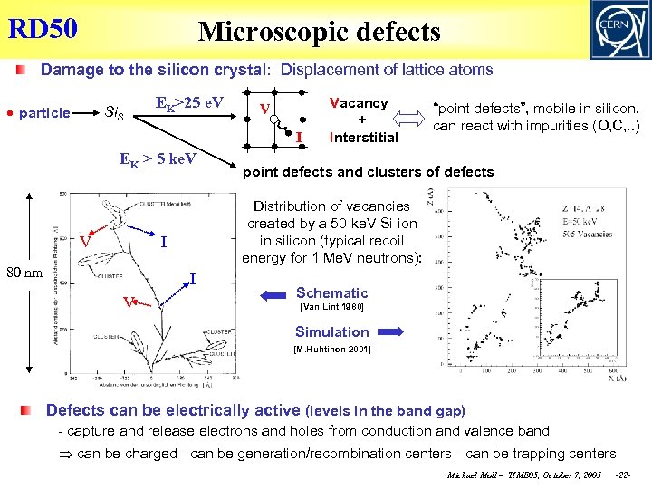 RD 50 Microscopic defects Damage to the silicon crystal: Displacement of lattice atoms particle