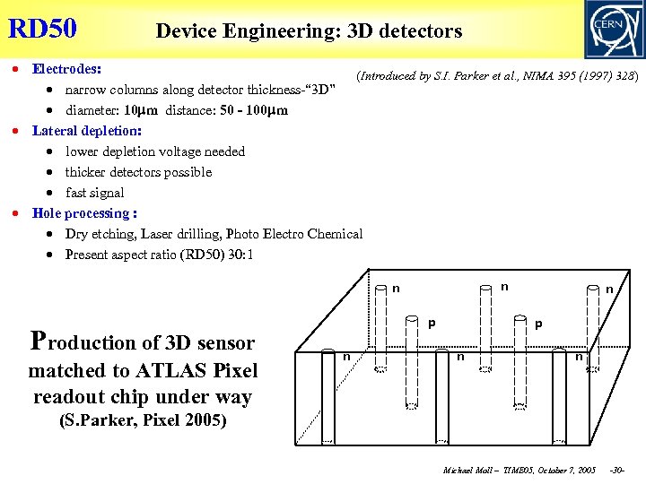 RD 50 Device Engineering: 3 D detectors Electrodes: (Introduced by S. I. Parker et