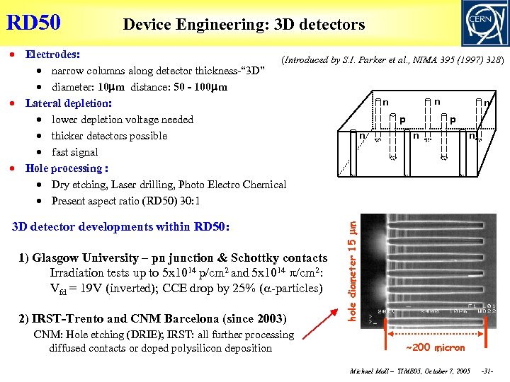 RD 50 Device Engineering: 3 D detectors 3 D detector developments within RD 50: