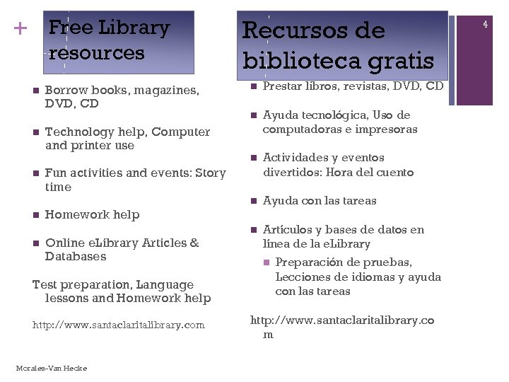 + Free Library resources Recursos de biblioteca gratis n n n Prestar libros, revistas,