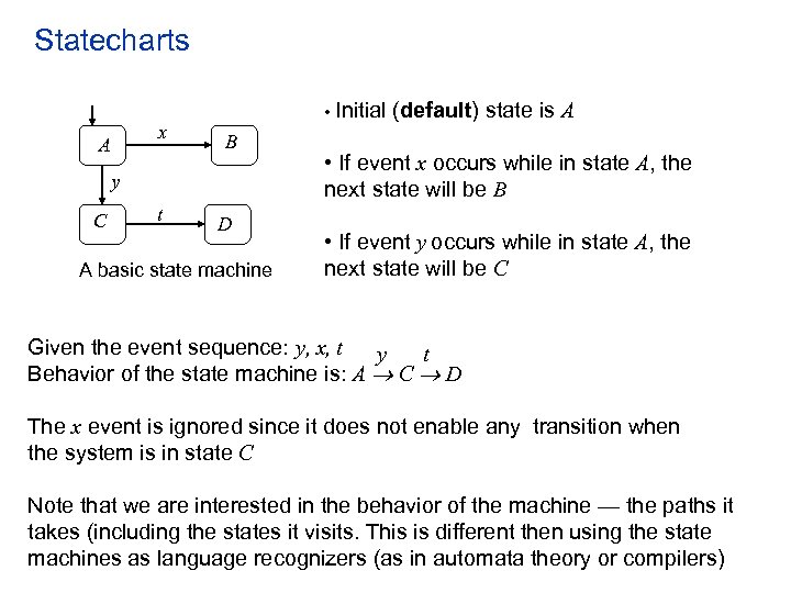 Statecharts A x • Initial B y C t D A basic state machine