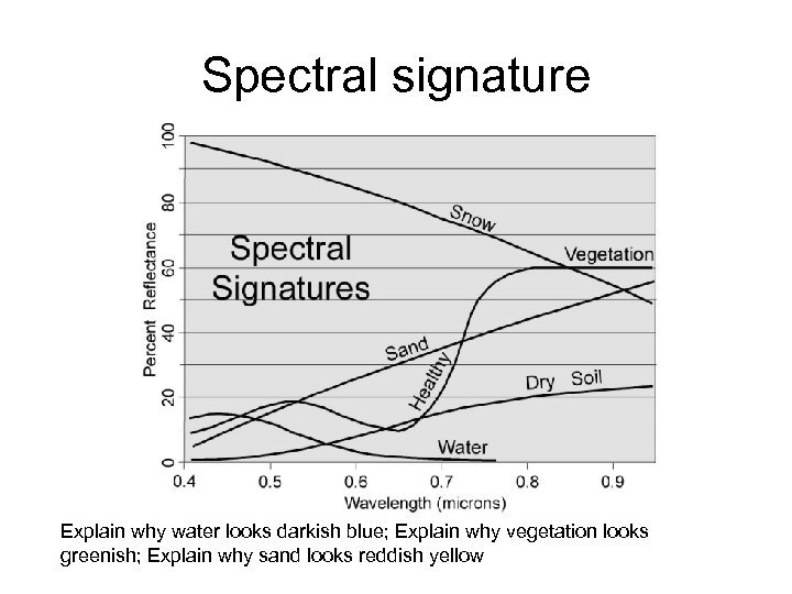 Spectral signature Explain why water looks darkish blue; Explain why vegetation looks greenish; Explain