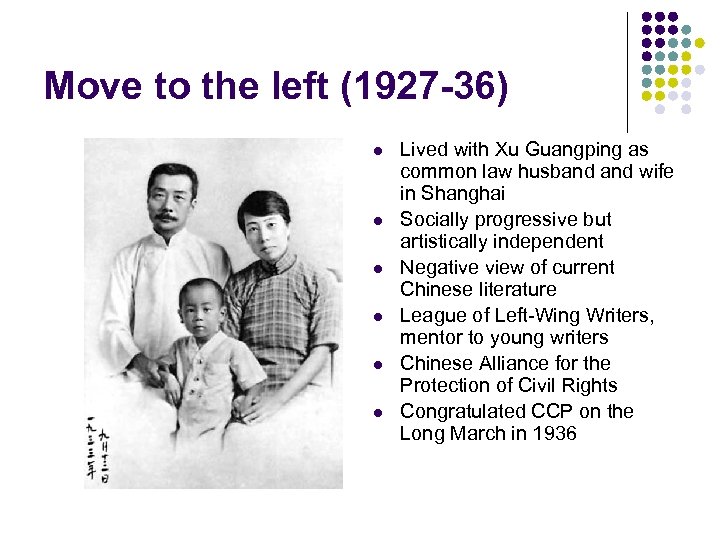 Move to the left (1927 -36) l l l Lived with Xu Guangping as