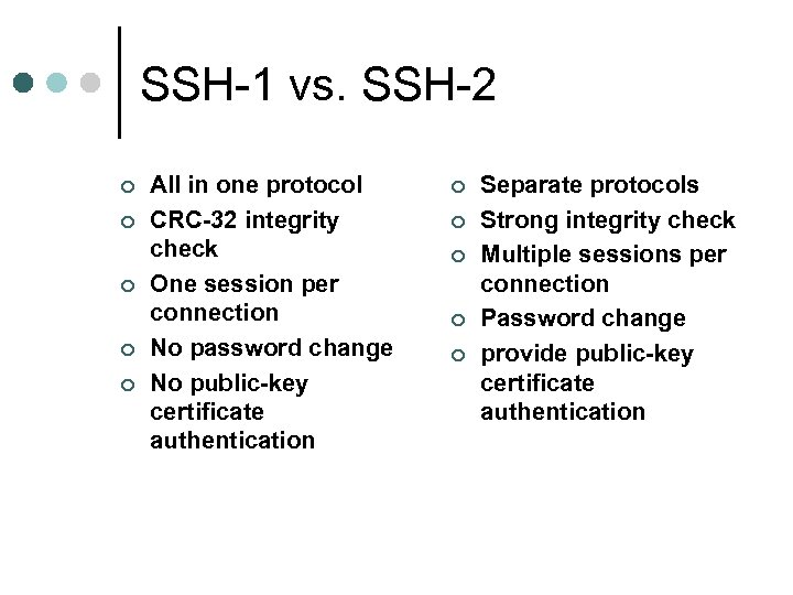 SSH-1 vs. SSH-2 ¢ ¢ ¢ All in one protocol CRC-32 integrity check One
