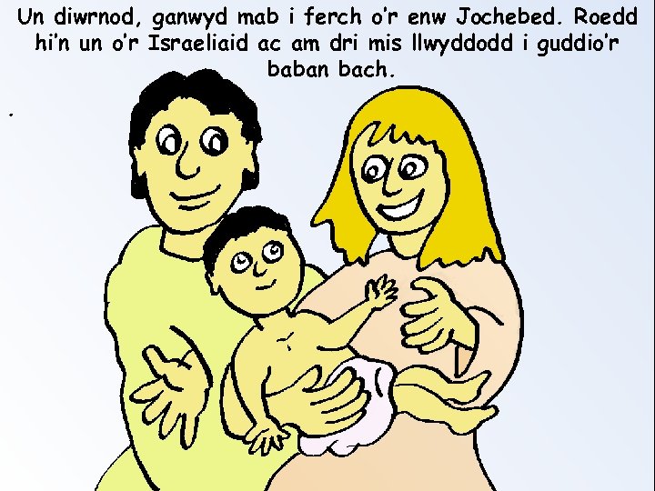 Un diwrnod, ganwyd mab i ferch o’r enw Jochebed. Roedd hi’n un o’r Israeliaid