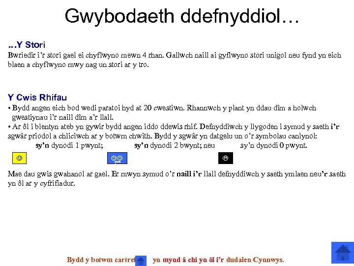 Gwybodaeth ddefnyddiol… …Y Stori Bwriedir i’r stori gael ei chyflwyno mewn 4 rhan. Gallwch