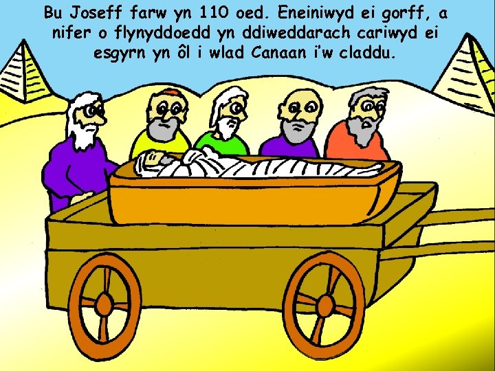 Bu Joseff farw yn 110 oed. Eneiniwyd ei gorff, a nifer o flynyddoedd yn