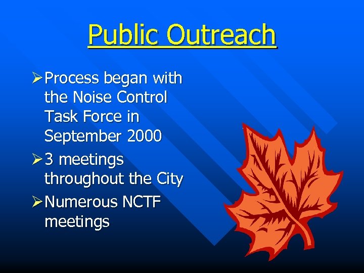 Public Outreach Ø Process began with the Noise Control Task Force in September 2000